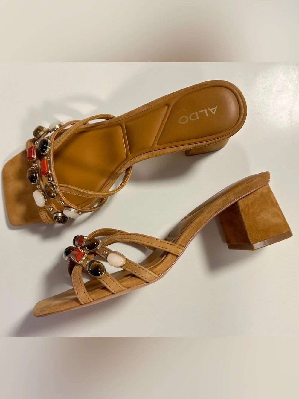 ALDO Tan Jeweled Block Heels